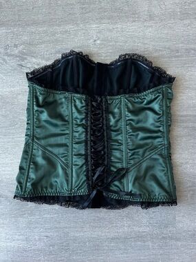 Blush Emerald Green Satin & Black Lace Corset Bustier Top